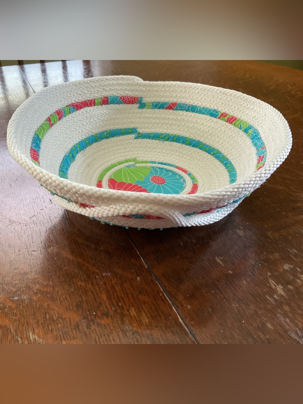 Handmade 9-Inch Coiled Rope Bowl – Bright Floral Fabric Wrap Accent (2.75" High)